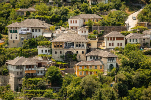 City of Gjirokastër in Southern Albania. Old ¨Town is a UNESCO World Heritage Site. Closeup of Architectural Buildings.